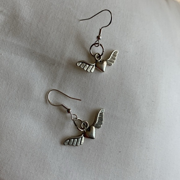 Hearts with wings earrings sterling silver hooks Artisan - Picture 5 of 6